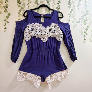 Cold Shoulder Lace Trim Romper Navy Blue Boho Festival M Vintage Forever21